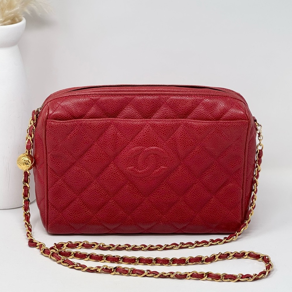 💎💯Authentic Red CHANEL Caviar Camera Bag 24 Gold plated hardware crossbody bag